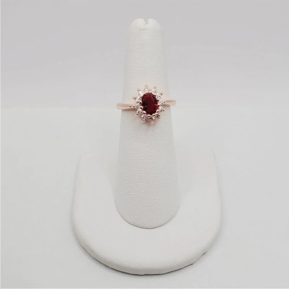 Red Oval Cut Ruby Simulant 18k Pink Rose Gold Tone Diamond Simulants Halo Ring